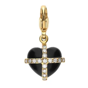 18ct Yellow Gold Whitby Jet 0.16ct Diamond Small Cross Heart Charm