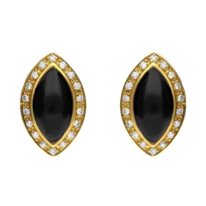 18ct Yellow Gold Whitby Jet 0.17ct Diamond Pave Marquise Stud Earrings