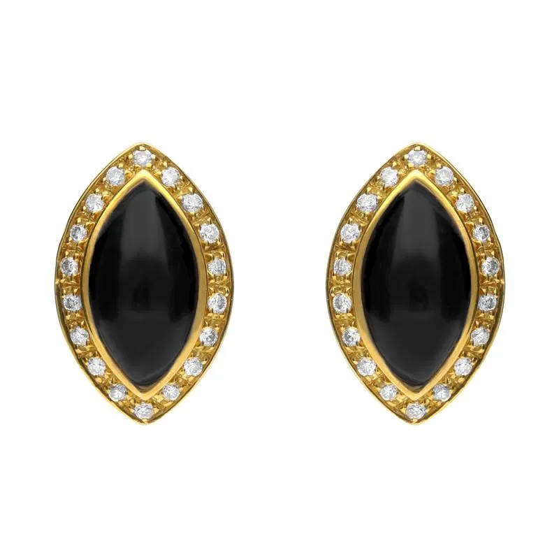 18ct Yellow Gold Whitby Jet 0.17ct Diamond Pave Marquise Stud Earrings