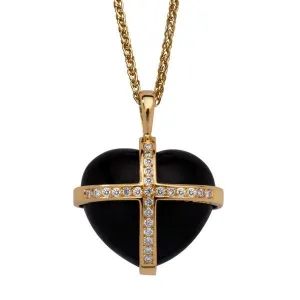 18ct Yellow Gold Whitby Jet 0.37ct Diamond Large Cross Heart Necklace