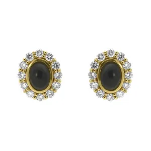 18ct Yellow Gold Whitby Jet 0.96ct Diamond Large Oval Stud Earrings