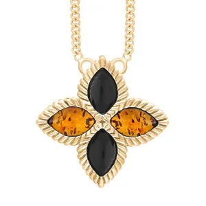 18ct Yellow Gold Whitby Jet And Amber Eden Large Marquise Flower Necklace