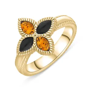 18ct Yellow Gold Whitby Jet And Amber Eden Marquise Flower Ring