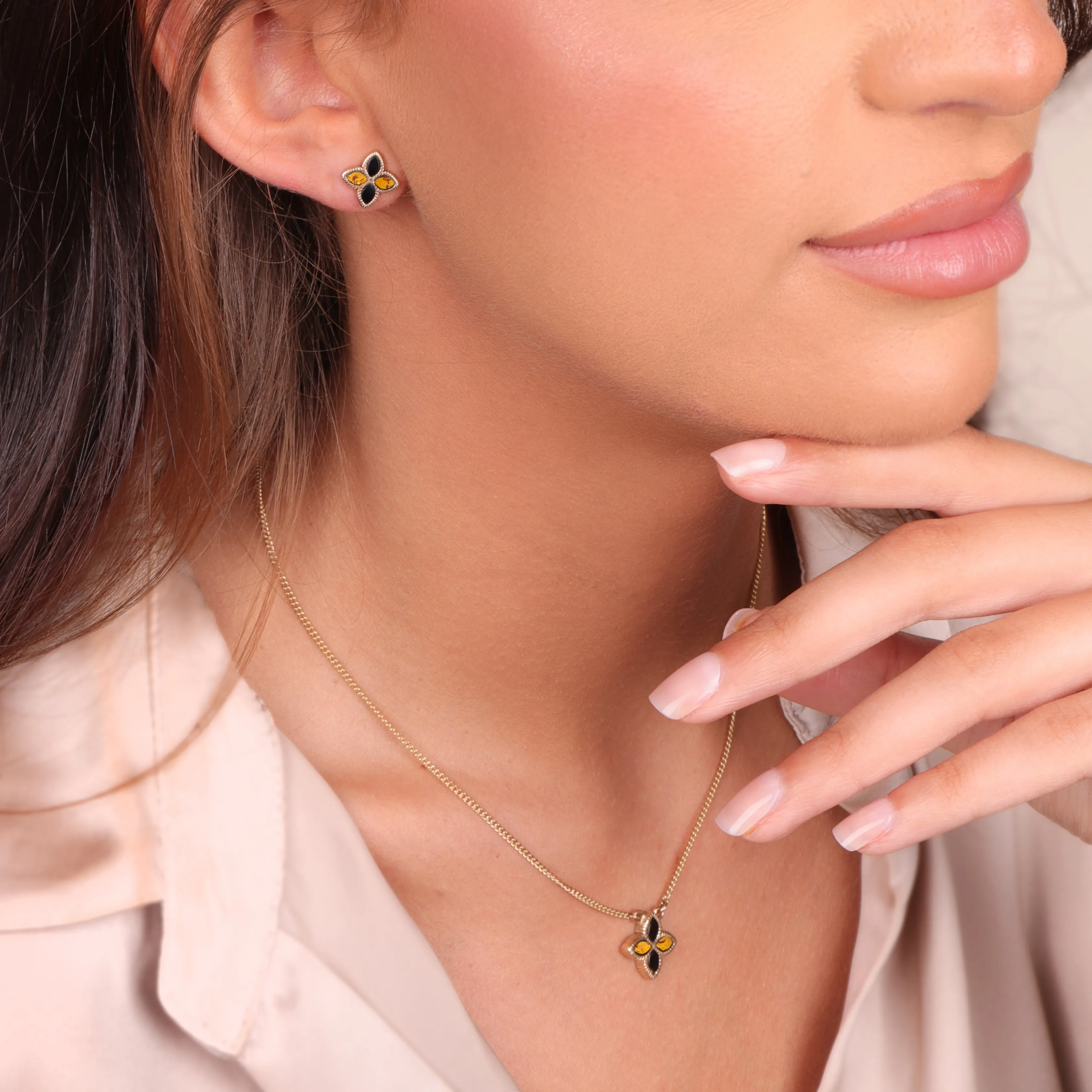 18ct Yellow Gold Whitby Jet And Amber Eden Marquise Flower Stud Earrings