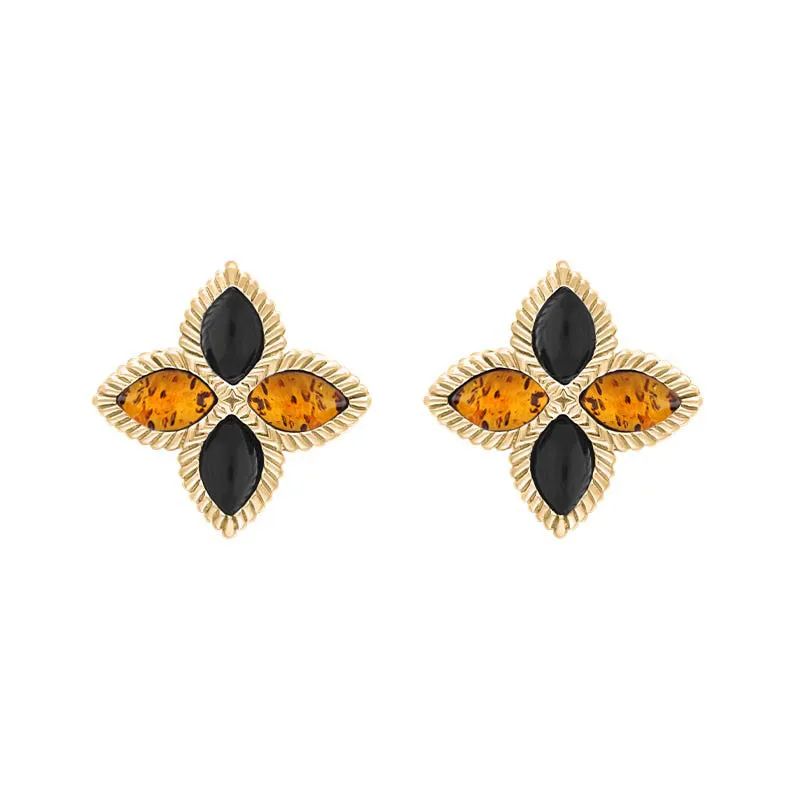 18ct Yellow Gold Whitby Jet And Amber Eden Marquise Flower Stud Earrings