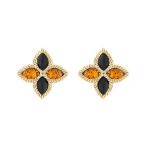 18ct Yellow Gold Whitby Jet And Amber Eden Marquise Flower Stud Earrings