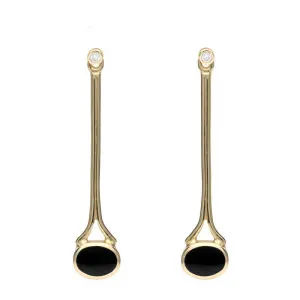 18ct Yellow Gold Whitby Jet and Diamond Long Drop Earrings