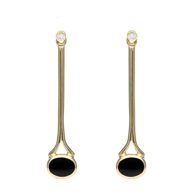 18ct Yellow Gold Whitby Jet and Diamond Long Drop Earrings