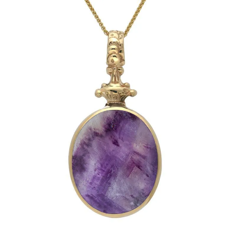 18ct Yellow Gold Whitby Jet Blue John Double Sided Oval Fob Necklace