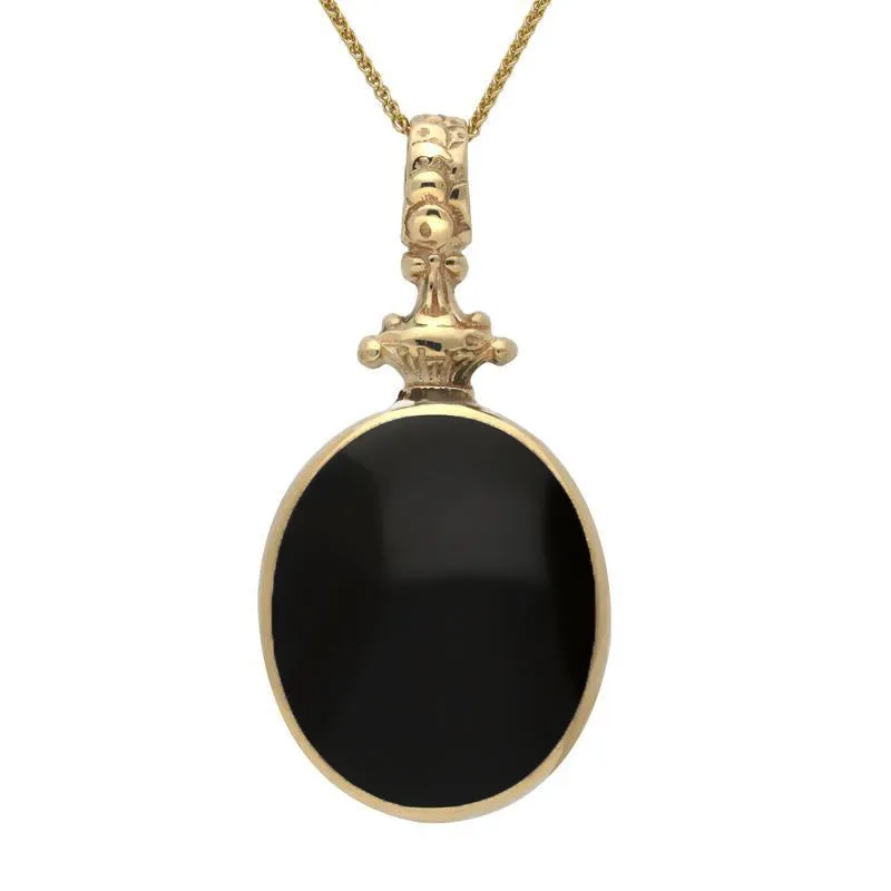 18ct Yellow Gold Whitby Jet Blue John Double Sided Oval Fob Necklace