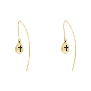 18ct Yellow Gold Whitby Jet Cross Disc Drop Earrings