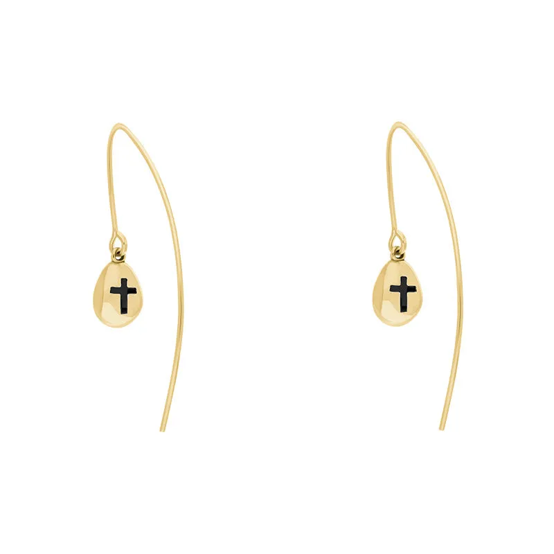 18ct Yellow Gold Whitby Jet Cross Disc Drop Earrings