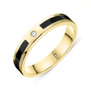18ct Yellow Gold Whitby Jet Diamond 4mm Patterned Wedding Band Ring