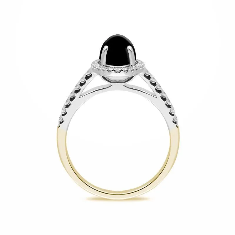 18ct Yellow Gold Whitby Jet Diamond Halo Pave Shoulder Ring