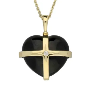 18ct Yellow Gold Whitby Jet Diamond Large Cross Heart Necklace