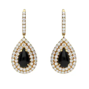18ct Yellow Gold Whitby Jet Diamond Pear Drop Earrings