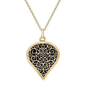 18ct Yellow Gold Whitby Jet Flore Filigree Large Heart Necklace
