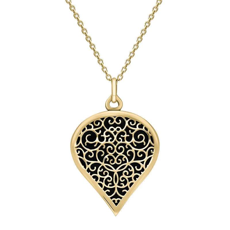 18ct Yellow Gold Whitby Jet Flore Filigree Large Heart Necklace