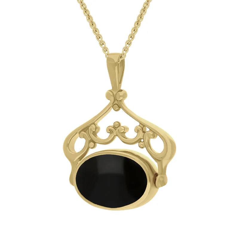 18ct Yellow Gold Whitby Jet Lapis Lazuli Double Sided Oval Swivel Fob Necklace