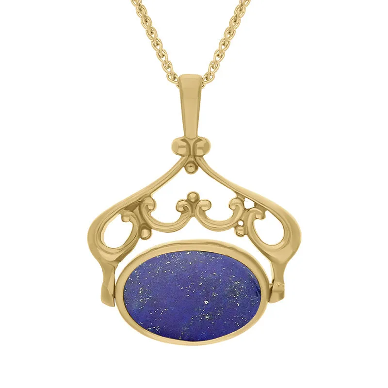 18ct Yellow Gold Whitby Jet Lapis Lazuli Double Sided Oval Swivel Fob Necklace