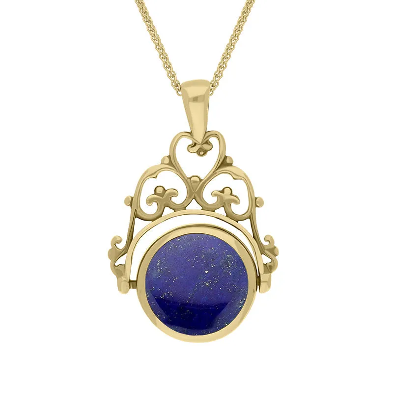 18ct Yellow Gold Whitby Jet Lapis Lazuli Double Sided Round Swivel Fob Necklace