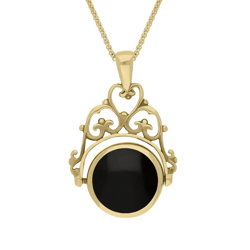 18ct Yellow Gold Whitby Jet Lapis Lazuli Double Sided Round Swivel Fob Necklace