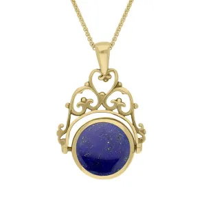 18ct Yellow Gold Whitby Jet Lapis Lazuli Double Sided Round Swivel Fob Necklace