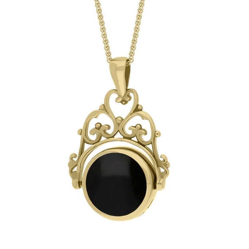 18ct Yellow Gold Whitby Jet Lapis Lazuli Double Sided Round Swivel Fob Necklace