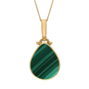 18ct Yellow Gold Whitby Jet Malachite Double Sided Pear Fob Necklace