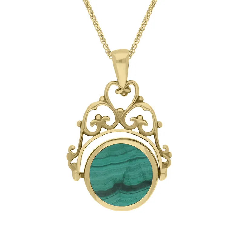 18ct Yellow Gold Whitby Jet Malachite Double Sided Round Swivel Fob Necklace