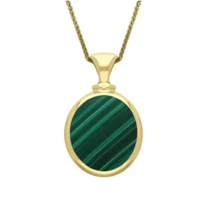 18ct Yellow Gold Whitby Jet Malachite Small Double Sided Oval Fob Necklace