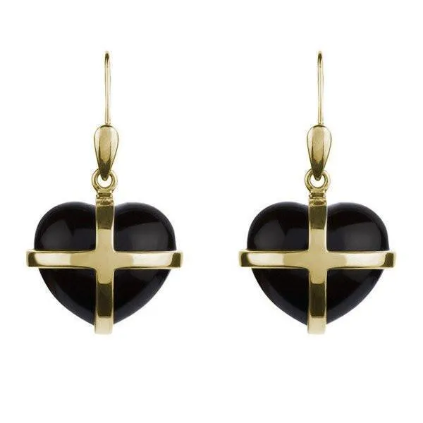 18ct Yellow Gold Whitby Jet Medium Cross Heart Drop Earrings