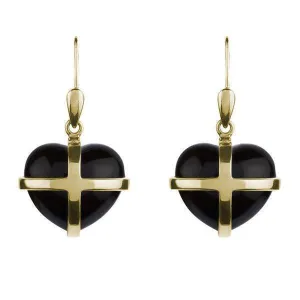 18ct Yellow Gold Whitby Jet Medium Cross Heart Drop Earrings