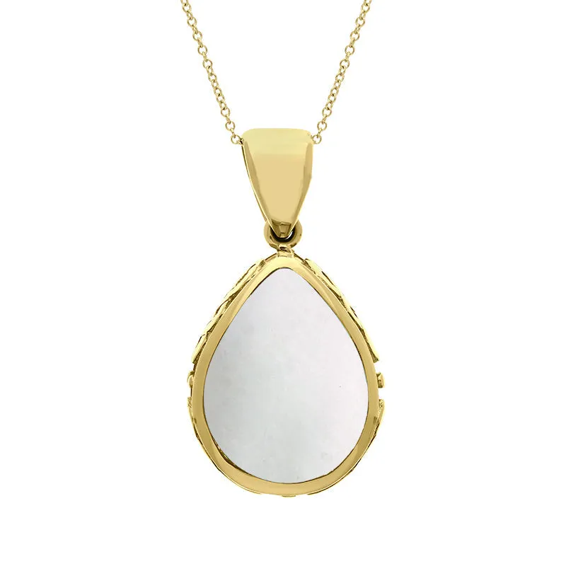 18ct Yellow Gold Whitby Jet Mother Of Pearl Double Sided Celtic Pear Fob Necklace