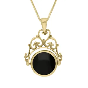 18ct Yellow Gold Whitby Jet Mother Of Pearl Double Sided Round Fob Necklace