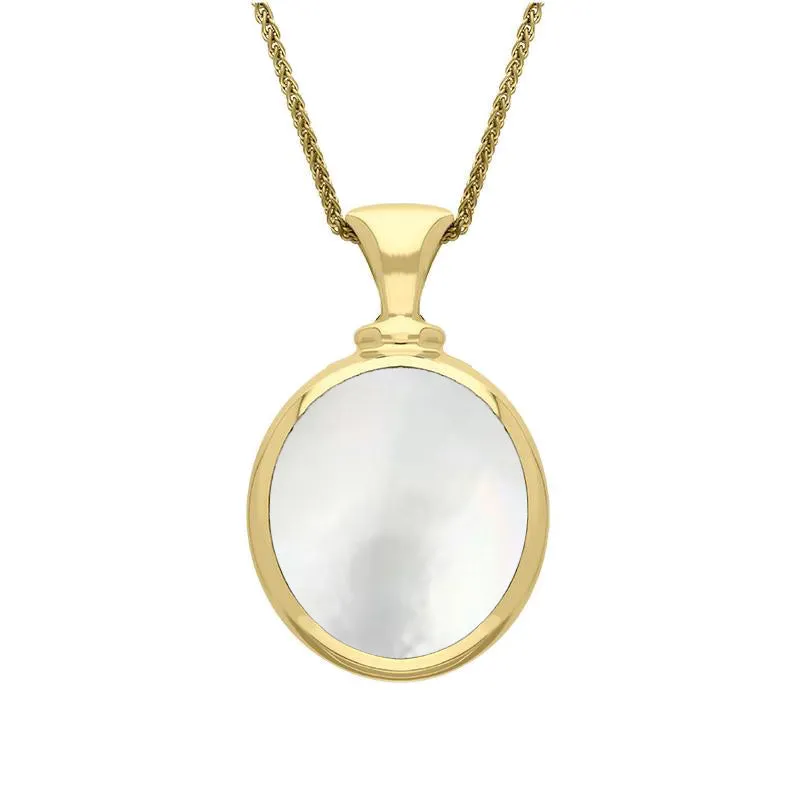 18ct Yellow Gold Whitby Jet Mother Of Pearl Small Double Sided Oval Fob Necklace