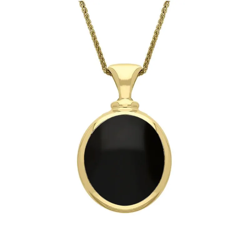 18ct Yellow Gold Whitby Jet Mother Of Pearl Small Double Sided Oval Fob Necklace