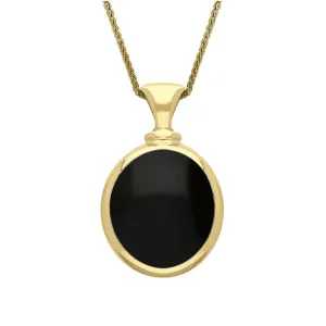 18ct Yellow Gold Whitby Jet Mother Of Pearl Small Double Sided Oval Fob Necklace