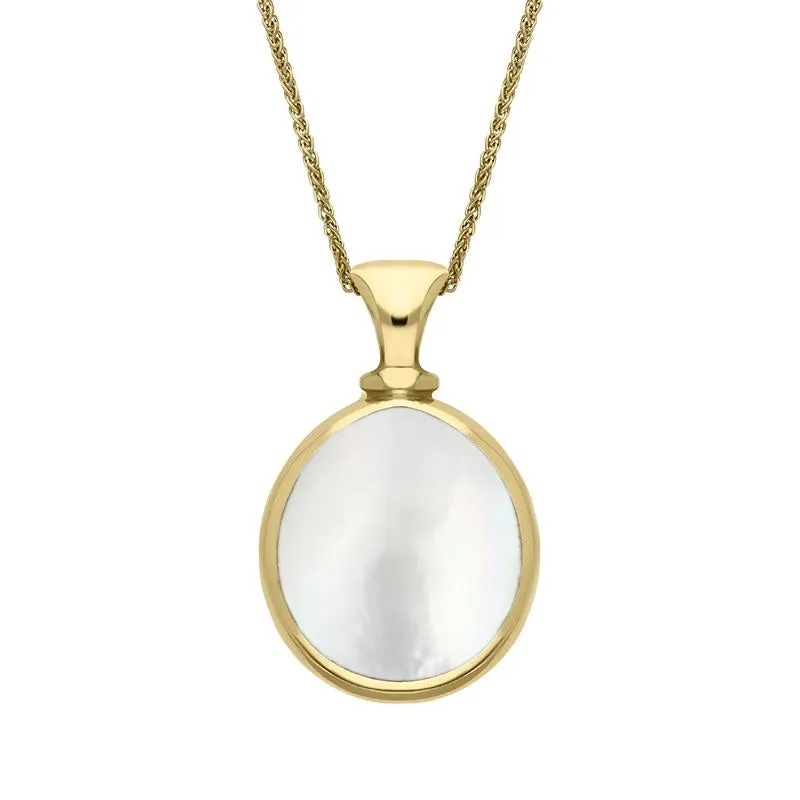 18ct Yellow Gold Whitby Jet Mother Of Pearl Small Double Sided Pear Fob Necklace