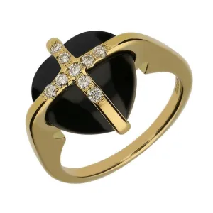 18ct Yellow Gold Whitby Jet Nine Diamond Small Cross Heart Ring