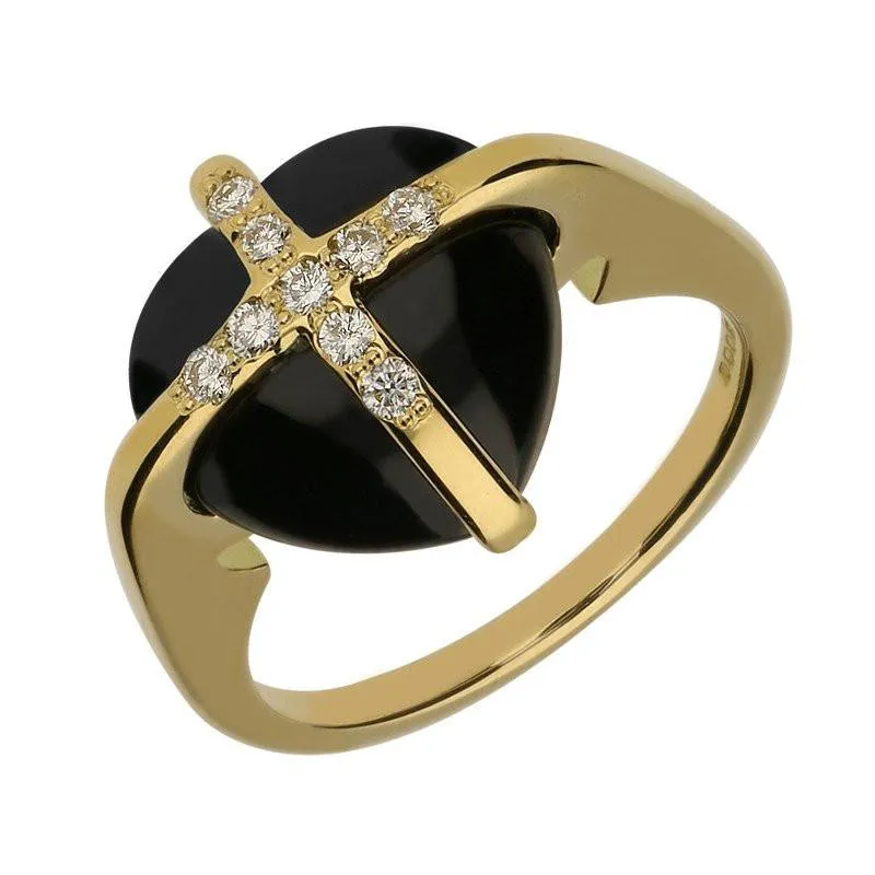 18ct Yellow Gold Whitby Jet Nine Diamond Small Cross Heart Ring