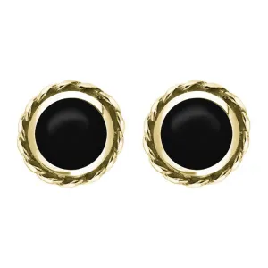 18ct Yellow Gold Whitby Jet Round Twist Edge Stud Earrings