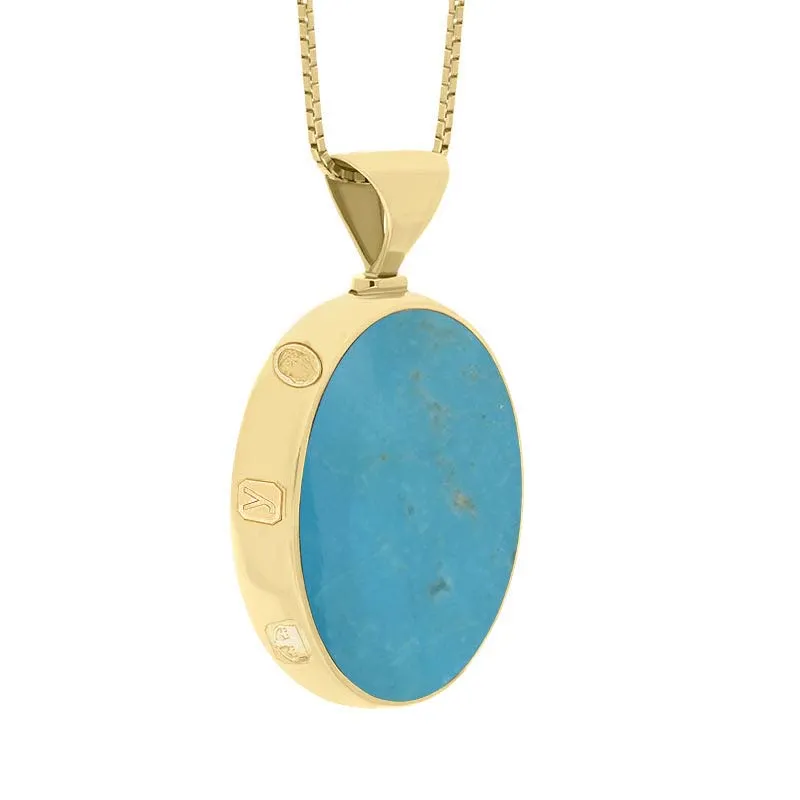 18ct Yellow Gold Whitby Jet Turquoise King's Coronation Hallmark Double Sided Oval Necklace D