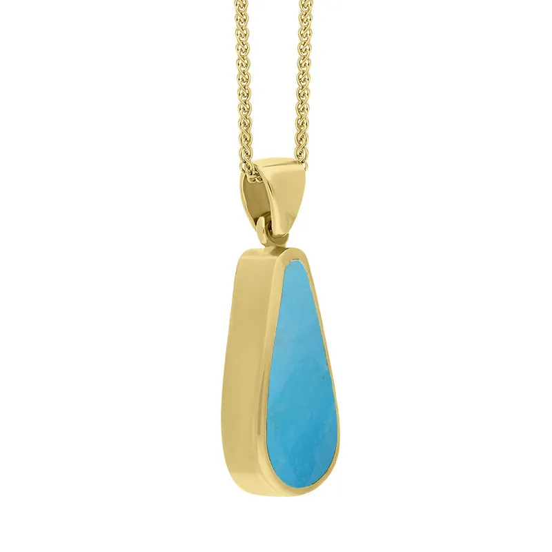 18ct Yellow Gold Whitby Jet Turquoise Small Double Sided Pear Cut Fob Necklace