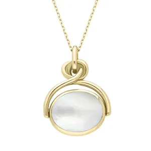 18ct Yellow Gold Whitby Jet White Mother of Pearl Oval Swivel Fob Necklace