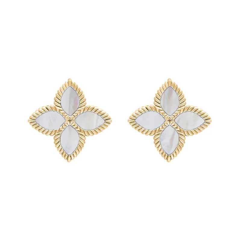18ct Yellow Gold White Mother of Pearl Eden Marquise Flower Stud Earrings