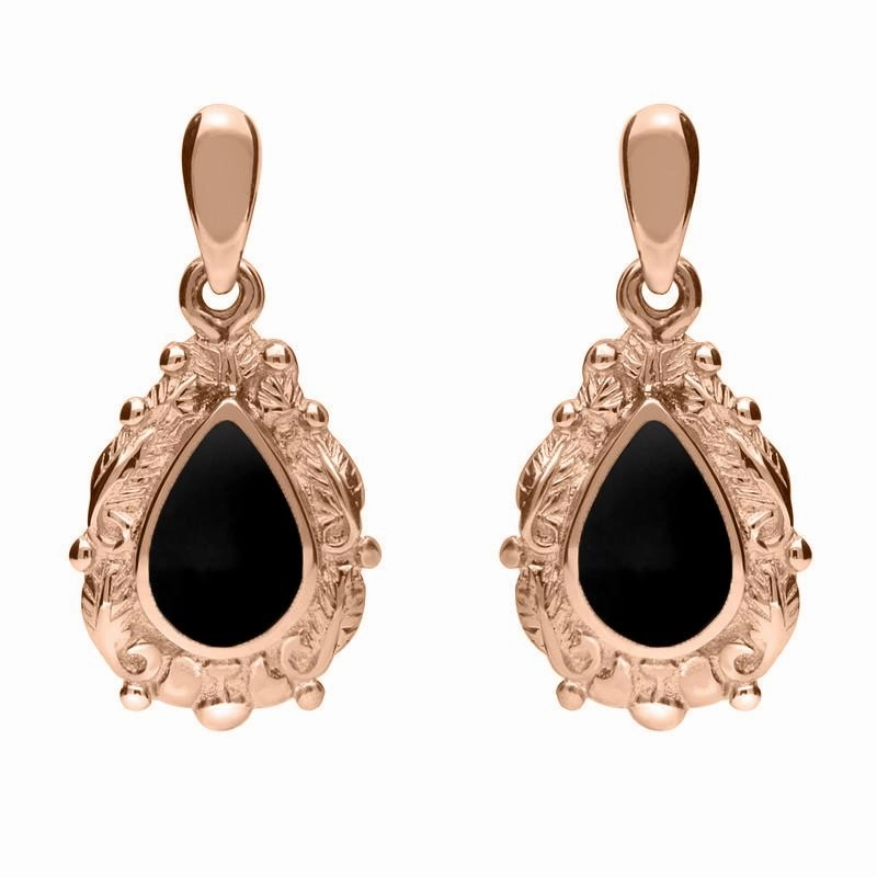 18ct Rose Gold Whitby Jet Pear Shaped Leaf Drop Earrings