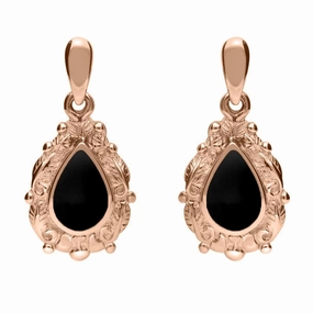 18ct Rose Gold Whitby Jet Pear Shaped Leaf Drop Earrings