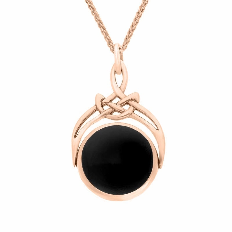 18ct Rose Gold Whitby Jet Turquoise Round Swivel Fob Necklace