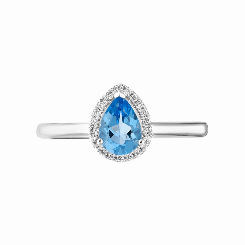18ct White Gold Blue Topaz Diamond Pear Cut Halo Ring